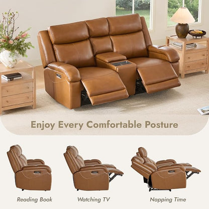 Watson & Whitely Power Reclining Sofa and Loveseat Sets, Genuine Leather Sofa Recliner Couch Set with Power Headrest, Storage Console, USB Ports, Cup Holders, Living Room Furniture Set, Saddle Brown