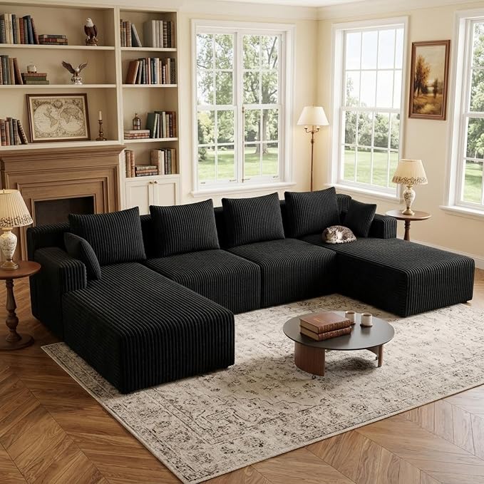 142" Oversized Cloud Modular Sectional Sofa Boneless Couches with Double Chaise Lounge and Deep Seat, Fluffy Corduroy Upholstered Compressed Lounge Sofa & Couches for Living Room