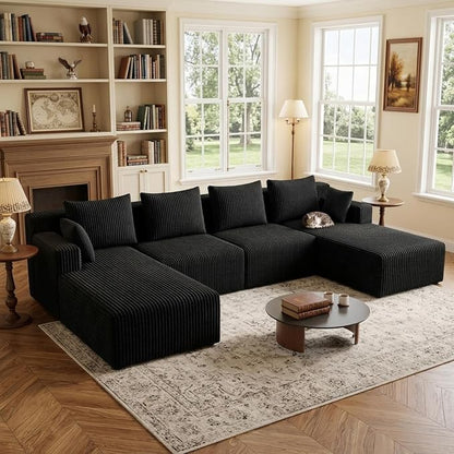 142" Oversized Cloud Modular Sectional Sofa Boneless Couches with Double Chaise Lounge and Deep Seat, Fluffy Corduroy Upholstered Compressed Lounge Sofa & Couches for Living Room