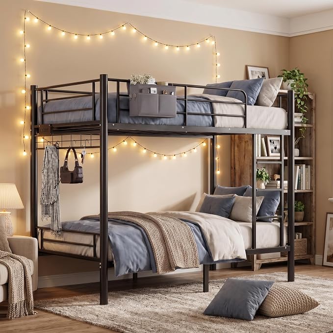 Bunk Bed,Bunk Bed Twin Over Twin with Power Outlet and LED Lights,Heavy-Duty Safety Metal Rails Ladder,Space-Saving Design with Storage Hooks,440lbs Capacity,Black