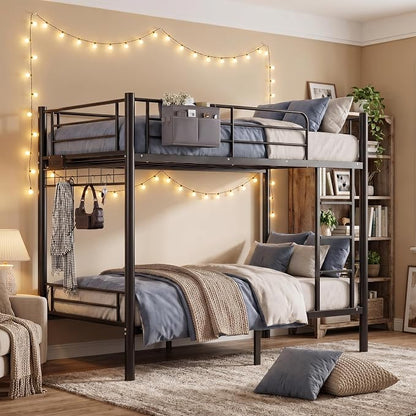 Bunk Bed,Bunk Bed Twin Over Twin with Power Outlet and LED Lights,Heavy-Duty Safety Metal Rails Ladder,Space-Saving Design with Storage Hooks,440lbs Capacity,Black