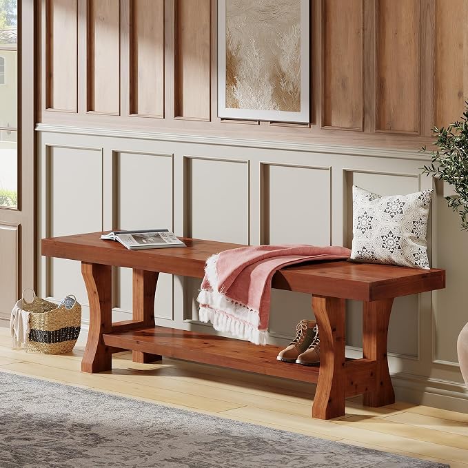 Solid Wood Entryway Bench, 55" End of Bed Bench, Long Indoor Dining Seat for Hallway, Bedroom, Living Room, Dining Room, Easy Assembly, Red Brown