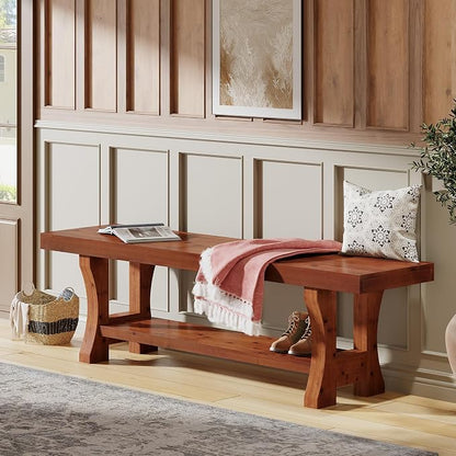 Solid Wood Entryway Bench, 55" End of Bed Bench, Long Indoor Dining Seat for Hallway, Bedroom, Living Room, Dining Room, Easy Assembly, Red Brown