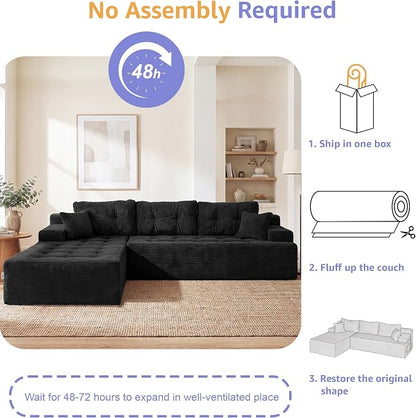 Hobestluk Modular Sectional Sofa Couches L-Shape Couch 3 Seat Modular Sofa Memory Foam Sectional Couches for Living Room, Cloud Couch with Oversized Chaise (Ebony Corduroy, 108", Left Hand Facing)