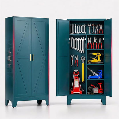 71" H Blue Closet,Armoire Wardrobe Closets,Metal Wardrobe Closet with Doors and Shelves