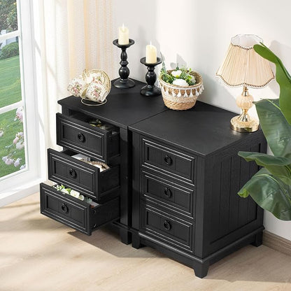 Joaxswe Farmhouse Night Stand Set of 2, 18" End Table with 3 Drawer Metal Handle, Dresser for Bedroom, Sofa Bed Side Table Chest of Drawers,Wood Nightstand Cabinet for Organizer, Living Room-Black