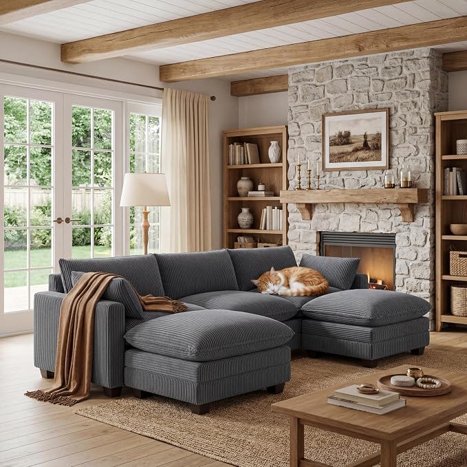 Gizoon 110'' U Shaped Corduroy Comfy Sectional Couches for Living Room 3 Seater Cloudy Sofa with 2 Movable Ottomans Pet Friendly Cloud Couch for for Living Room Bedroom and Apartment, Gray