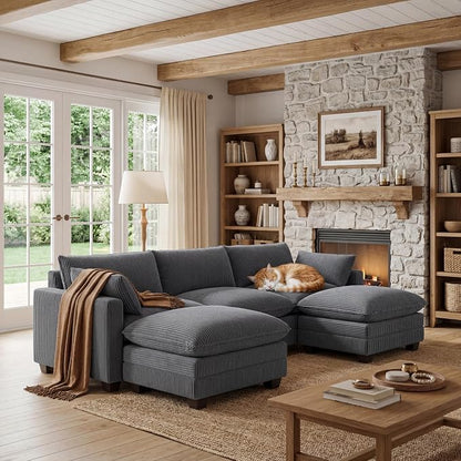 Gizoon 110'' U Shaped Corduroy Comfy Sectional Couches for Living Room 3 Seater Cloudy Sofa with 2 Movable Ottomans Pet Friendly Cloud Couch for for Living Room Bedroom and Apartment, Gray
