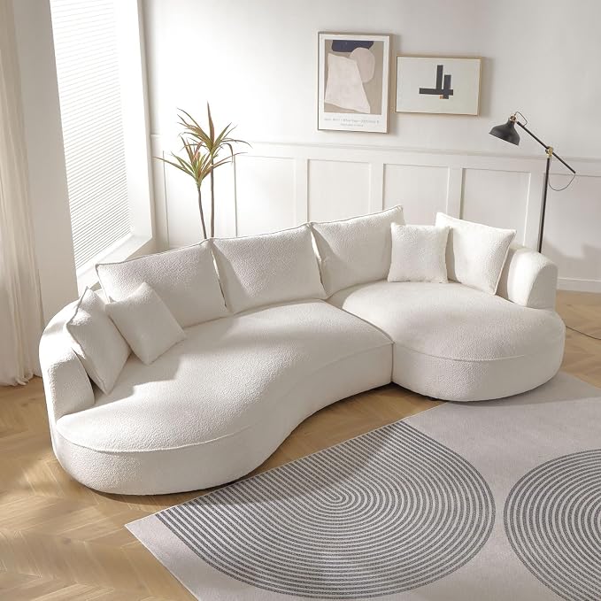 KEIKI 129" Luxury Curved Boucle Sectional Sofa with Right Chaise, Upholstered Modern Style Oversized 5-Seater Couch with Thickened Seat Cushions, Easy Assembly, for Apartment, Living Room, White
