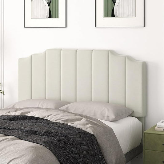 Befurtori Queen Size Headboard Only, Velvet Wall Mounted Headboard Queen/Full Size for Adjustable Bed, Modern Vertical Channel Design with Curved Tufted Upholstered Head Board, Cream