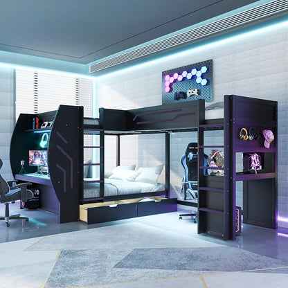 Twin&Full Over Full Triple Bunk Bed with Desk and Storage Drawers & LED,Charging Station,Solid Wood L-Shaped 3 Gaming Bunk Bed with Ladder,Guardrail,No Box Spring Needed (Black,Twin & Full Over Full)