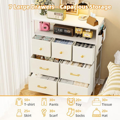 Dresser TV Stand with Power Outlets and LED Lights, 7 Drawers Dresser with Side Pocket, Fabric Chest of Drawers with PU Finish, Sturdy Frame & Wood Top (White)