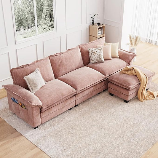 KKL 123 Inch L-Shaped Modular Sectional Sofa, 4 Seater Cloud Couch with Ottoman, Chenille Sectional Couches for Living Room, Apartment, Pink