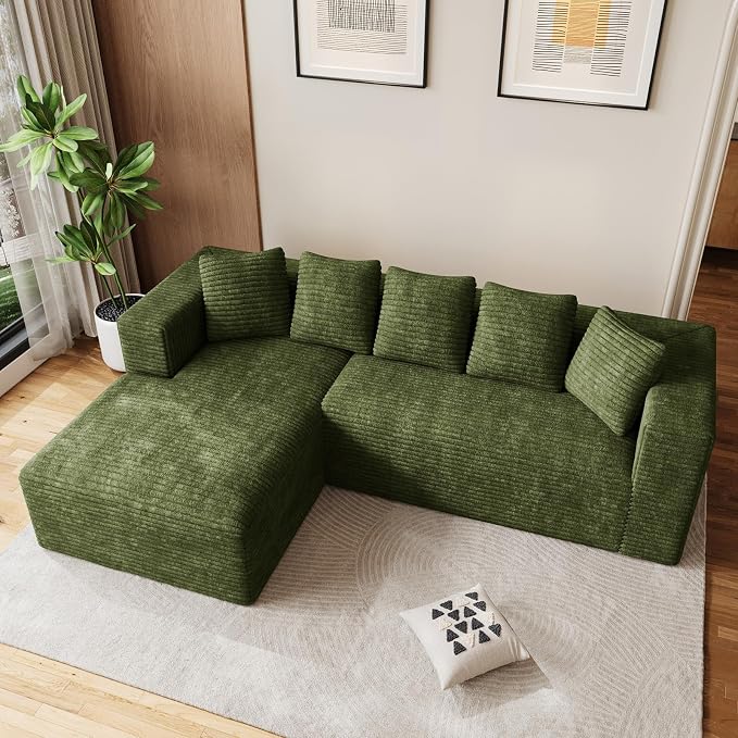 Oversized L Shaped Boneless Sectional Couches for Living Room, 107" Comfy Fluffy Cloud Modular Sectional Sofa, Plush Corduroy Memory Foam Floor Sofa with Left Facing Chaise Couch