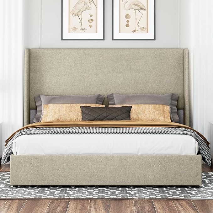 Jocisland Queeen Size Upholstered Platform Bed Frame with Hydraulic Lift Storage, Wingback Headboard, Wood Slats Support, No Box Spring Needed, Linen Off Khaki