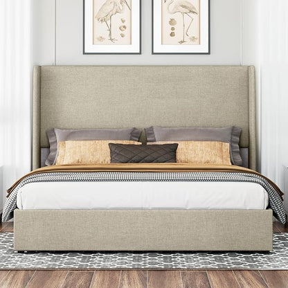 Jocisland King Size Upholstered Platform Bed Frame with Hydraulic Lift Storage, Wingback Headboard, Wood Slats Support, No Box Spring Needed, Linen Khaki