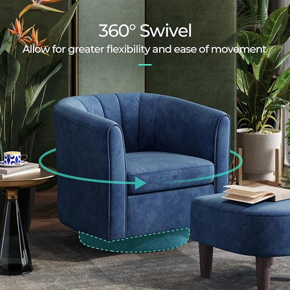LINSY Swivel Accent Chair Ottoman Set: Velvet Larege Barrel Chair with Foot Rest, Modern Reading Chair Upholstered Armchair with Footrest for Living Room Bedroom Study Room Office (Blue)