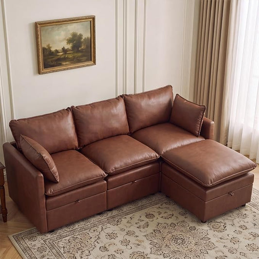 80" Brown Faux Leather Storage 3 Seater Sofa with Ottoman, Comfy Couch | Convertible Modular Sectional Sofa, L Shaped Oversized Couch, Upholstered Large Cloud Couch For Living Room, Apartment.