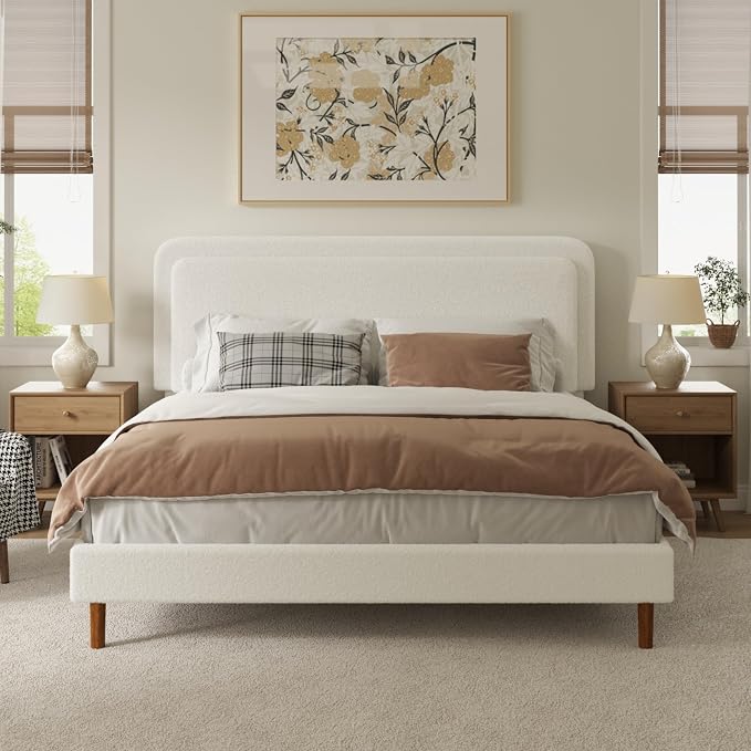 King Size Boucle Upholstered Bed Frame with Adjustable Headboard, Cloud Platform Bed, Solid Wooden Legs, No Box Spring Needed, Easy Assembly, White