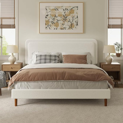 King Size Boucle Upholstered Bed Frame with Adjustable Headboard, Cloud Platform Bed, Solid Wooden Legs, No Box Spring Needed, Easy Assembly, White