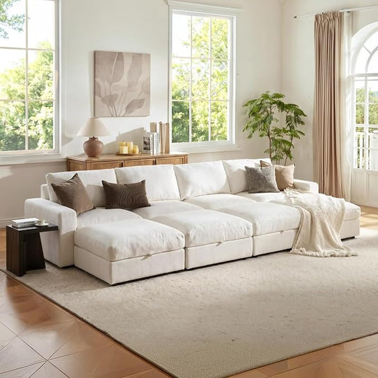 Cloud Couch Sectional 146.5'' Oversized Modular Deep Seat Sofa Bed Comfy White Cloud Couch with Washable Cover for Living Room 4 Seater with 4 Ottoman