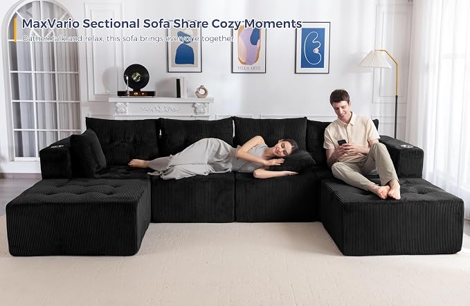 MAXYOYO 129.5" Modular Sectional Sofa Couch, U Shaped Modern Cloud Couch with 2 Ottomans, Sofa in A Box, Tufted 6-Seat Boneless Chair for Living Room, No Assembly Required, Black