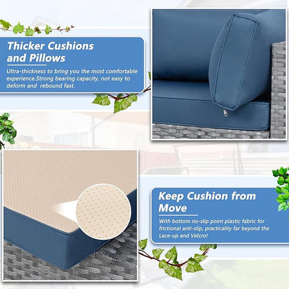 5 Piece Outdoor Patio Furniture Set,Silver PE Rattan Wicker Sectional Sofa, All Weather Conversation Set with Washable Cushions & Glass Coffee Table for Backyard Poolside Garden Porch,Navy Blue