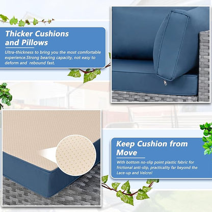 Patio Furniture Sets, 5 Piece Outdoor Sectional Sofas, Wicker Rattan Outdoor Furniture Patio Conversation Set, All-Weather PE Rattan Outdoor Couch for Backyard, Garden, Gray & Aegean Blue