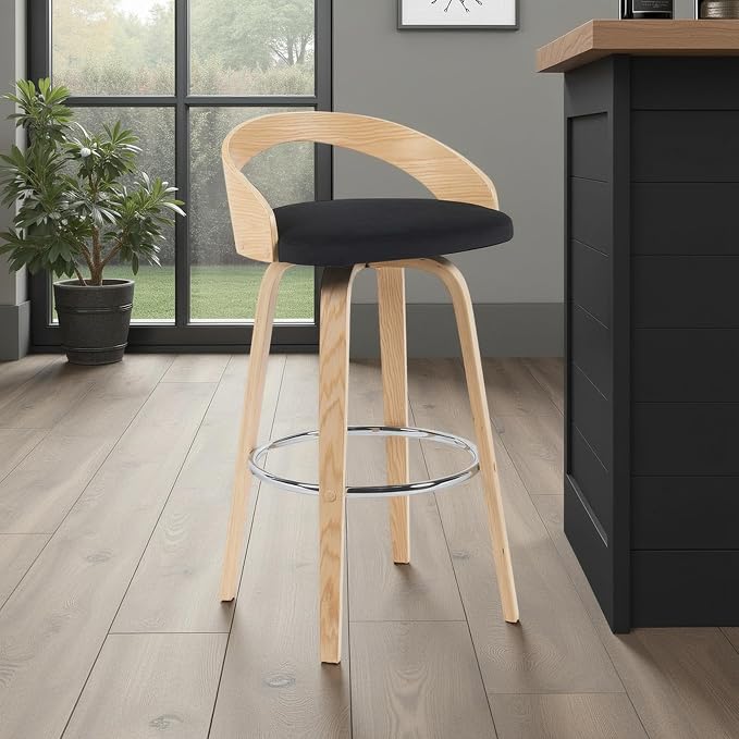 Sonia Modern Swivel Bar Height Stool with Black Upholstered Seat and Patterned Oak Wood Finish Set of 3