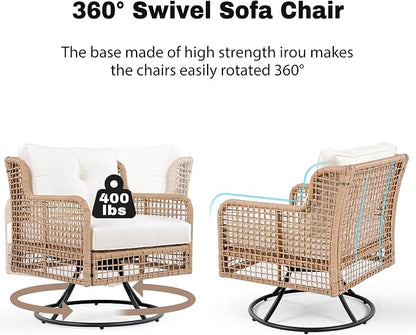 4-Piece Outdoor Wicker Sectional Sofa Set, All Weather Patio Conversation Set with 3-seater Sofa, 2 Swivel Chairs and Coffee Table, Cushions, Suitable for Poolside Backyard Deck (Beige-Swivel)