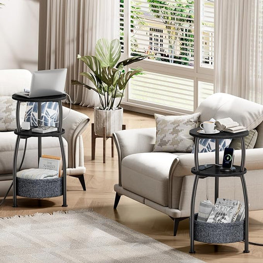 Round Side Table with Power Outlets, Small Coffee Table with S Basket, Space Saving End Table 3-Tier Bedside Corner Table Stand for Living Room, Bedroom, Garden 11.8in Classic Black