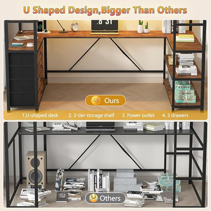 Loft Bed Twin Size with Storage Upholstered Headboard, Metal Twin Loft Bed Frame with U-Shaped Desk & LED Lights, Bunk Loft Beds with Power Outlet, Loft Beds with 4 Storage Drawers, Guard & Ladder