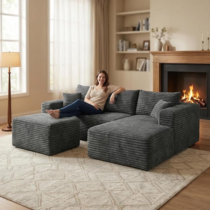 JINGLING 94" U Shaped Boneless Sectional Couch Set for Living Room, Plush Corduroy Modular Sofa with Ottoman, Small Space Apartment Couch, No Assembly, Right Facing Chaise, Dark Grey