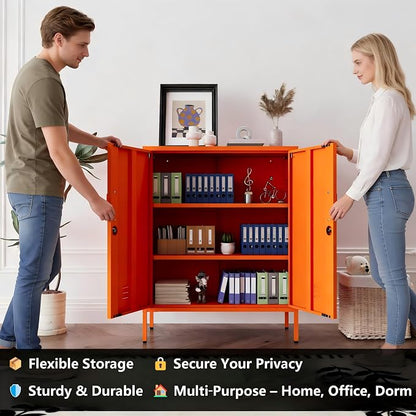 Orange 3 Tier Metal Storage Cabinet with Legs, Lockable 2 Door Metal Locker, Heavy Duty Multipurpose Accent Storage Cabinet with 2 Adjustable Shelves for Home, Office, Entryway and Hallway