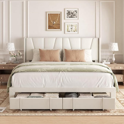 King Bed Frame with Storage Drawers, Velvet Upholstered Platform Bed with 47" Tall Headboard and Wingboard, No Box Spring Needed, No Noise, Easy Assembly, Wooden Support Slats, Beige