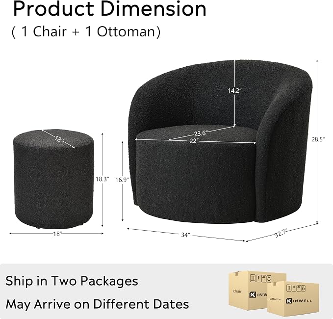 KINWELL 34" Boucle Swivel Barrel Chair with 18" Round Ottoman Set, Fully Assembled Set of Sherpa Accent Chair and Footrest, Modern Comfy Armchair and Footstool for Living Room and Bedroom, Black