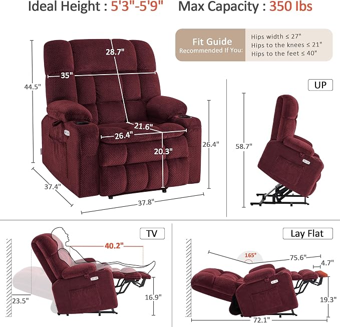 MCombo Extra Wide Dual Motor Power Lift Recliner Chair for Elderly, Zero Gravity Lift Chair with Heat and Massage, Infinite Position Recliners, USB Ports, Fabric R7897 (Burgundy, Medium-Wide)