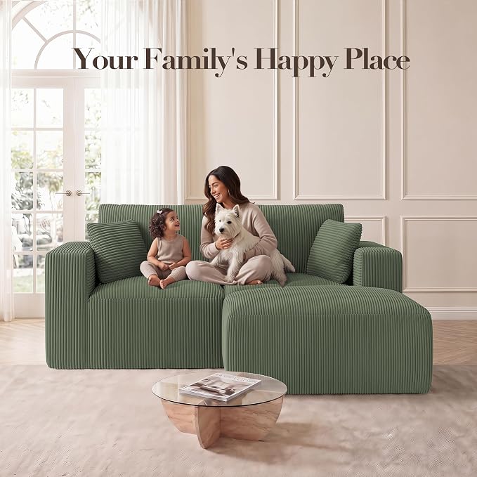 Modular Sectional Sofa with Ottoman, L-Shaped Cloud Couch, 79" Memory Foam Boneless Loveseat with Chaise, No Assembly Required Corduroy Frameless Sofa for Small Living Room Apartment Home Decor, Green