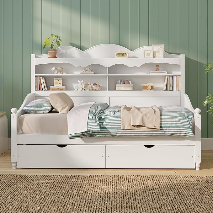 Merax Twin Daybed with Storage Drawers, Wood Twin Day Bed with 3-Tier Storage Headboard Shelves, Retro Style Twin-Size Daybed for Bedroom Guest Room, No Box Spring Needed, Easy Assembly, White