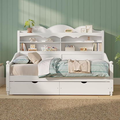 Merax Twin Daybed with Storage Drawers, Wood Twin Day Bed with 3-Tier Storage Headboard Shelves, Retro Style Twin-Size Daybed for Bedroom Guest Room, No Box Spring Needed, Easy Assembly, White