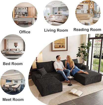 95" Cloud Sectional Couch U-Shaped Chaise with Ottoman, Corduroy Boneless Couch for Living Room Bedroom, Deep-Seat Upholstered Modular Cloud Sofa, No Assembly Required (Black, Right Facing Chaise)