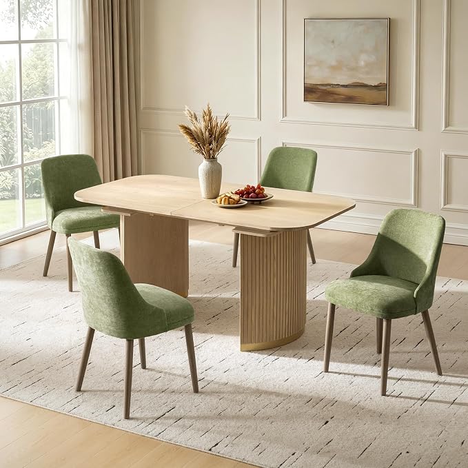 Upholstered Dining Chairs Set of 4, Fabric Dining Room Chairs with Curved Backrest, Solid Wood Legs, Modern Kitchen Chairs for Dining Room Living Room, Moss