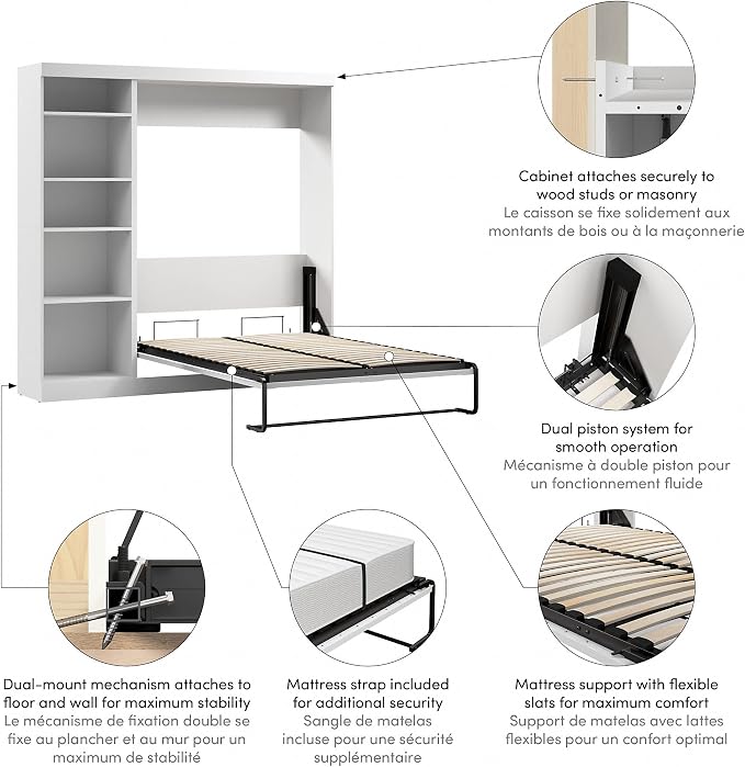 Bestar Pur Full Size Murphy Bed with Shelving Unit (84W) in White, Space-Saving Sleeping Arrangement for Multipurpose Bedroom