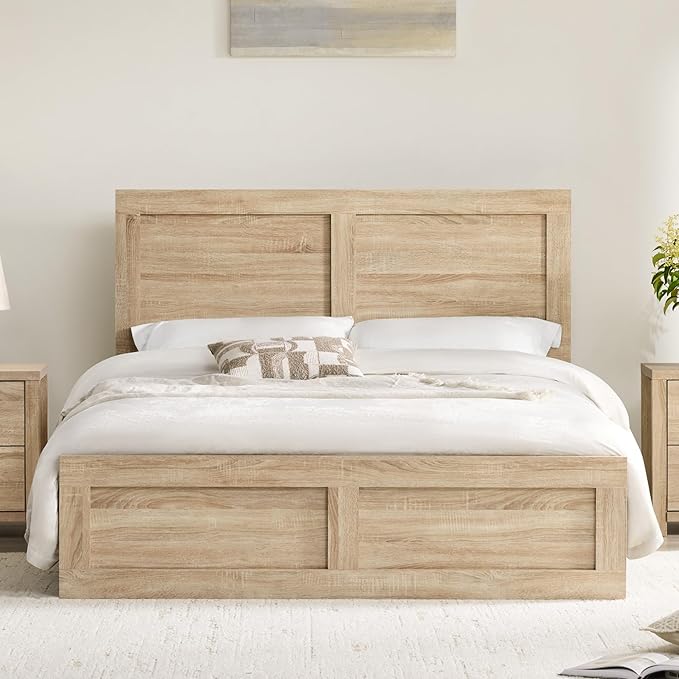 KISLOT Wood Bed Frame, Full Size Wooden Platform Bed Frame with Headboard and Footboard Mattress Foundation Farmhouse Bedroom Furniture No Box Spring Needed