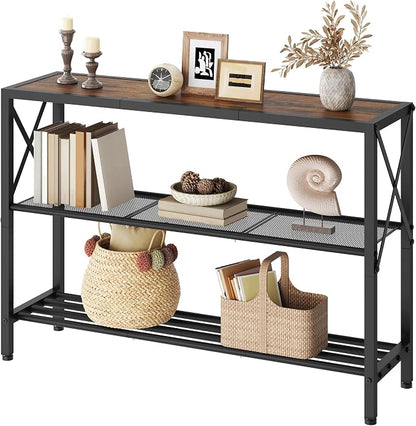 Hoctieon Industrial Console Table, 3 Tier Entryway Table, Hallway Table, Narrow Sofa Table with Shelves, Entrance Table for Entryway, Living Room, Foyer, Hallway, Office, Rustic Brown&Black