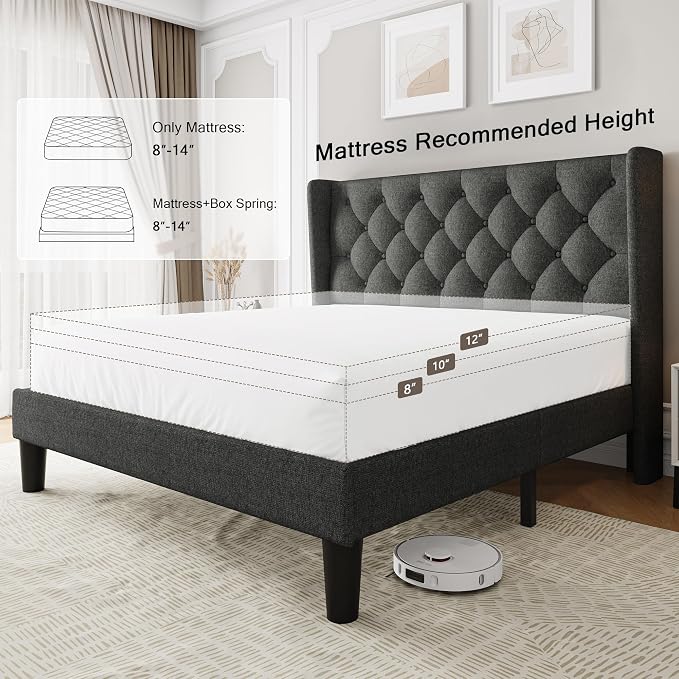 Einhomn Full Size Platform Bed Frame with Fabric Upholstered Wingback Headboard, 8" Under Bed Space, Wooden & Metal Slats Support, No Box Spring Needed, Dark Gray