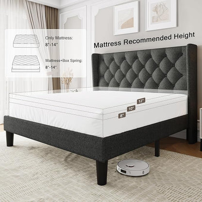 Einhomn Full Size Platform Bed Frame with Fabric Upholstered Wingback Headboard, 8" Under Bed Space, Wooden & Metal Slats Support, No Box Spring Needed, Dark Gray