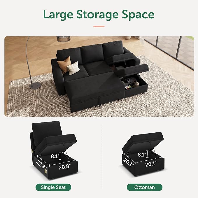 HONBAY Modular Sectional Sleeper Sofa with Pull Out Bed, L Shaped Couch with Storage Seat, Modular Sectional Couches for Living Room - Black