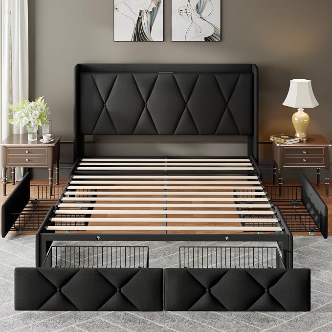 Feonase Queen Bed Frame with 4 Storage Drawers, Upholstered Platform Bed with Charging Station, Wingback Storage Headboard, Wooden Slats Support, No Box Spring Needed, Easy-Assembly, Black
