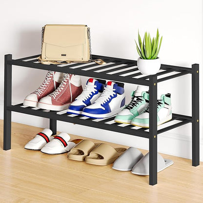Smiry Bamboo Shoe Rack, 2 Tier Free Standing Wooden Shoe Organizer, Stackable Wood Shoe Storage Shelf for Closet, Entryway, 12 Vertical Slats, One-piece Standard Legs, 26.8"x11"x13", Black